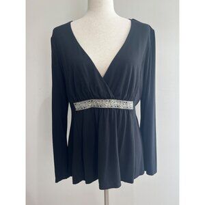 New York & Company Babydoll V-Neck Blouse Womens L Black Long Sleeve Stretch